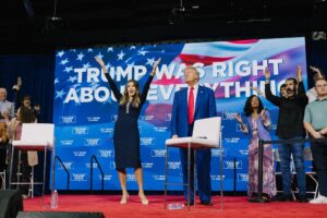 WATCH: Trump decides to stop town hall event and play music after 2 medical emergencies – PBS